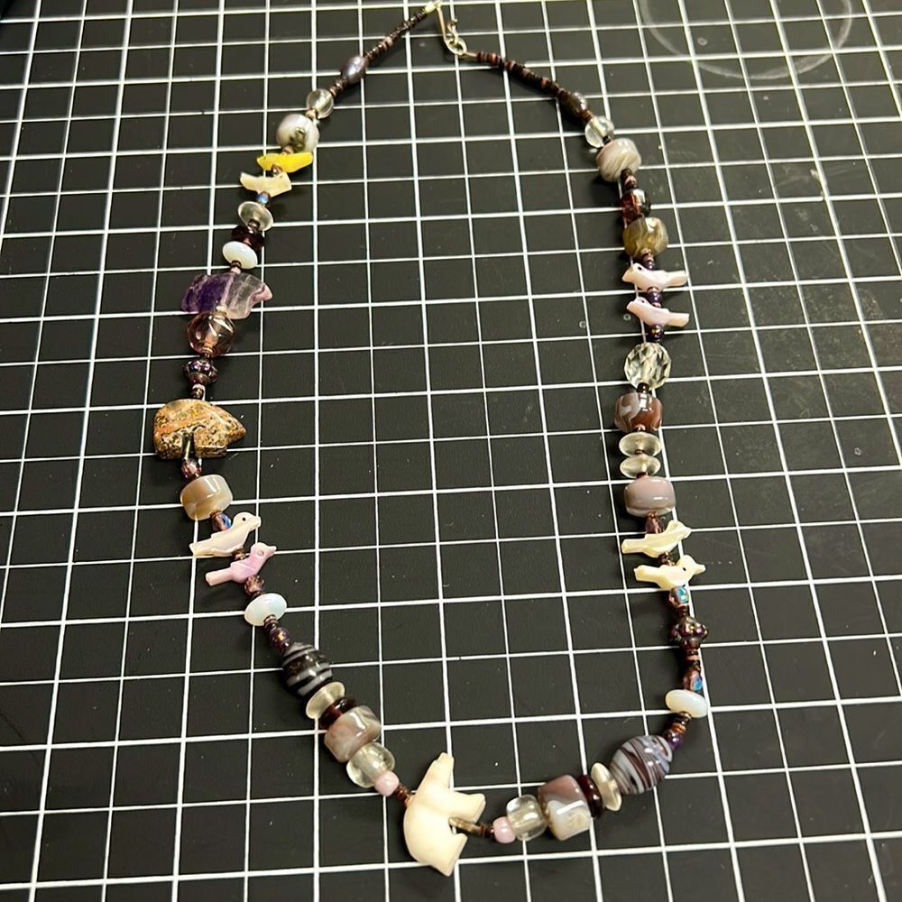 Necklace Tribal Fetish Stone Bears Mother Of Pearl Birds